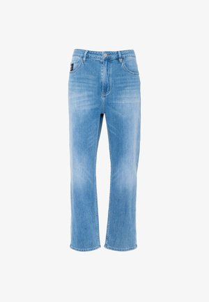 Lyseblå denimjeans med løs passform, rette ben, fem lommer og en klassisk knapp- og glidelåslukking.