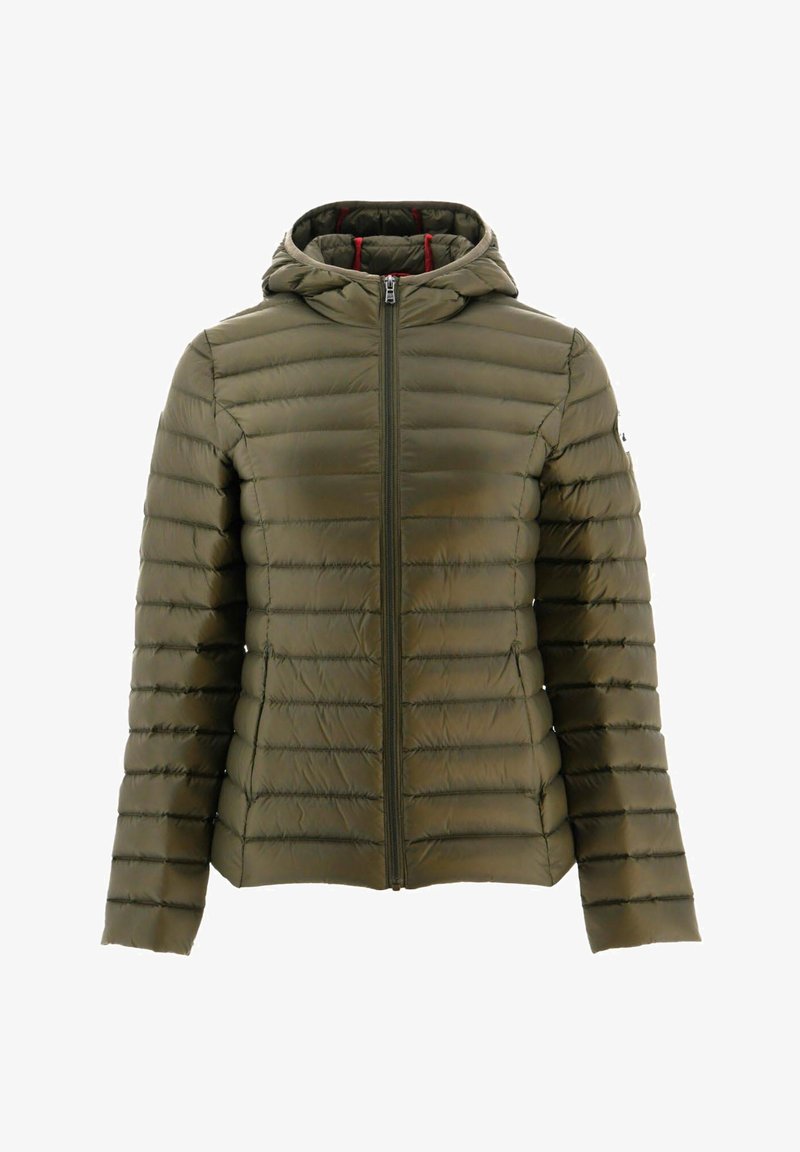 Olivengrøn puffy jakke med hætte, med lynlås foran, foret indeni og vandret quilted mønster til isolering.
