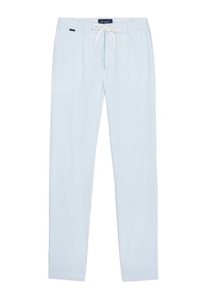 Light blue, striped trousers with a drawstring waist and belt loops. Made from a soft, breathable fabric with a straight-leg fit.
