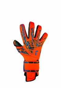Guanti da portiere arancioni vivaci e blu con motivi geometrici neri e cinturino regolabile per il polso, con marchio "reusch" sull'indice.