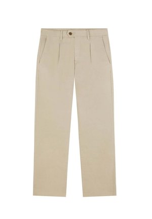 Beige chinos with a straight fit, made from cotton. Features two front pockets, a button closure, and slight pleating at the waist.