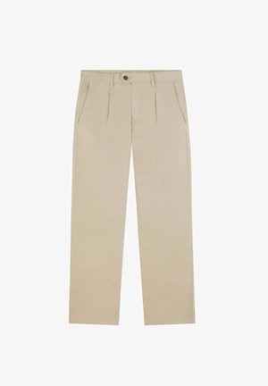 Beige Chinos mit geradem Schnitt, aus Baumwolle gefertigt. Sie verfügen über zwei Fronttaschen, einen Knopfverschluss und leichte Falten an der Taille.