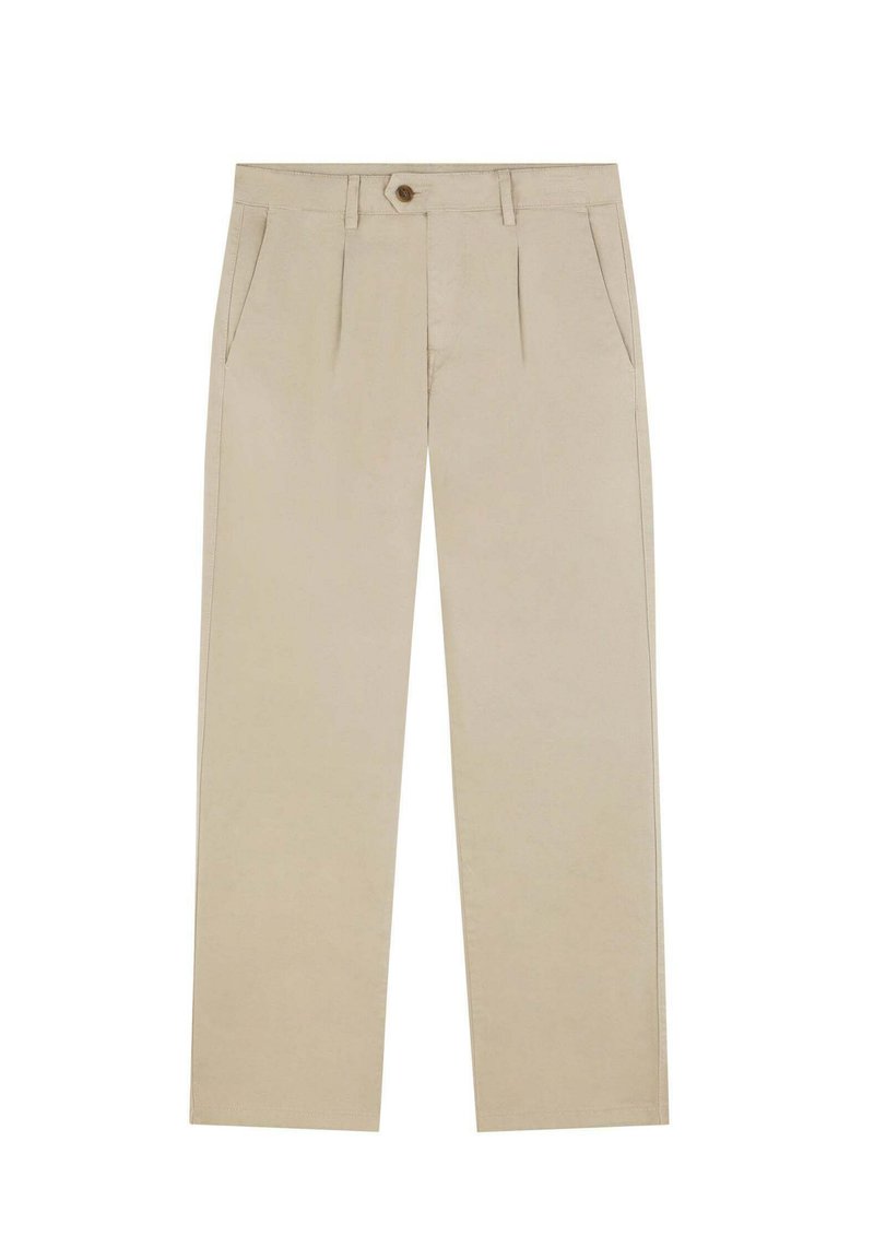 Chinos beiges à coupe droite, fabriqués en coton. Comprend deux poches avant, une fermeture par bouton et une légère plis à la taille.
