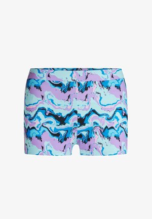 Shorts en tissu extensible pour femmes avec un motif abstrait marbré bleu, violet, noir et rose.