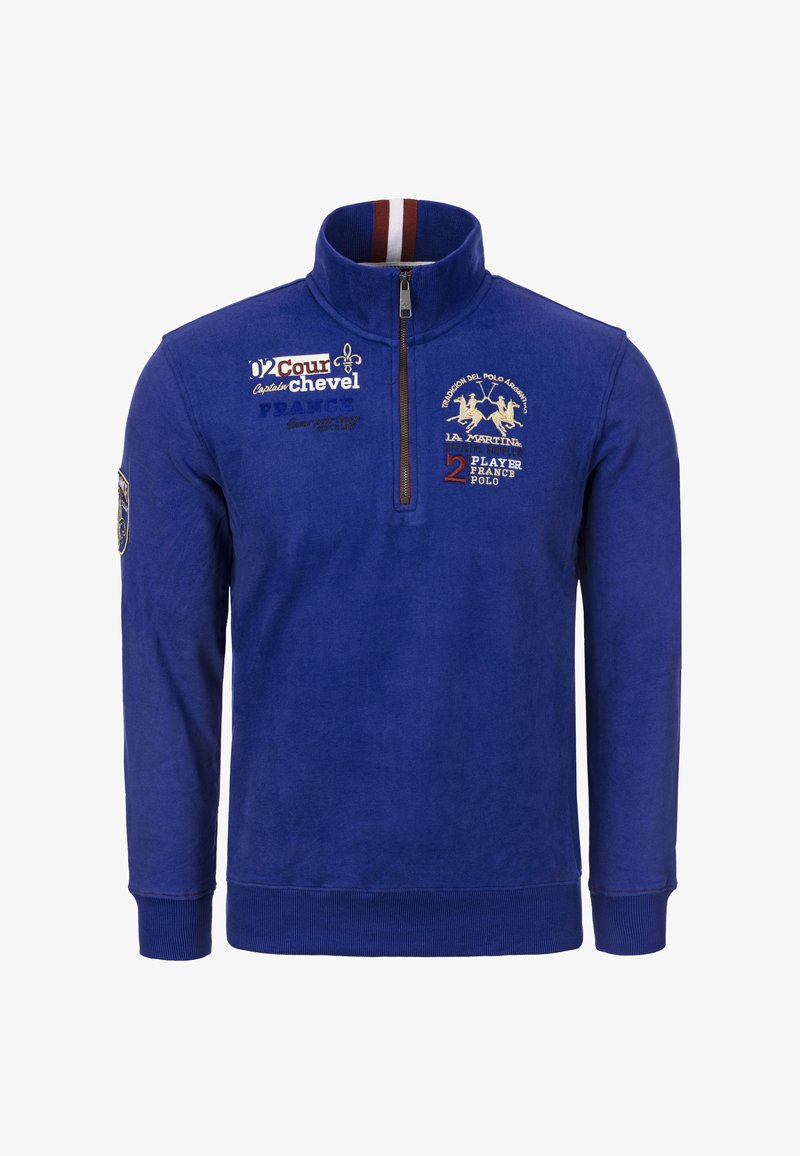 Sudadera azul con cremallera, confeccionada en tejido texturizado, con cuello alto, logotipos bordados en colores contrastantes y dobladillo y puños acanalados.