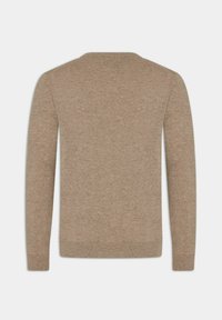 Beiger Pullover mit langen Ärmeln, Rundhalsausschnitt, aus weichem Stoff, mit glatter Textur und geripptem Saum. Rückansicht angezeigt.