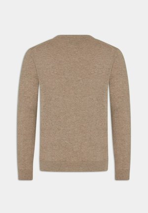 Beige trui met lange mouwen, ronde hals, gemaakt van zacht materiaal, met een gladde textuur en geribbelde zoom. Achteraanzicht weergegeven.