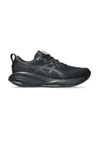 Black athletic shoes with a textured mesh upper, featuring a smooth, rounded sole and subtle gray accents. Laces and a pull tab included.
