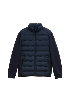 Marineblaue Jacke mit gesteppter Frontpartie, durchgehendem Reißverschluss, Stehkragen, langen Ärmeln und seitlichen Reißverschlusstaschen.