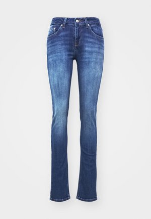 Donkerblauwe spijkerbroek met een vervaagd ontwerp, rechte benen, vijf zakken en een ritsgulp. Gestikte details langs denaden en zakken.