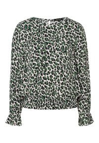 Bluse mit grünem und schwarzem Leopardenmuster aus leichtem Stoff, mit rundem Halsausschnitt, elastischem Bund und Rüschendetails an den Ärmelabschlüssen.