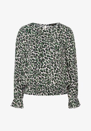 Grøn og sort leopardmønstret bluse i let stof med rund halsudskæring, elastisk talje og flæse ved ærmerne.