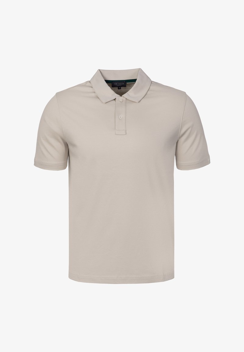 Beiges kurzärmeliges Poloshirt mit Zwei-Knopf-Leiste und klassischem Kragen, dargestellt auf weißem Hintergrund.