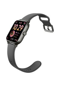 Smartwatch con quadrante quadrato, cornice nera e schermo touch che mostra l'ora e i parametri di salute. Cinturino in silicone grigio con fibbia regolabile.