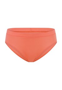 Koralowy pomarańczowy dół bikini z prążkowanego materiału. Średni wzrost z szerokim pasem i gładką fakturą. Prosty, bezszwowy styl bez zdobień.
