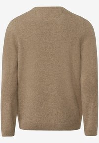 Pull en laine beige tricoté avec manches longues, poignets et ourlet côtelés, montré de dos sur un fond uni.