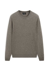 Grau-wollener Pullover, Rundhalsausschnitt, lange Ärmel. Weiche Textur mit glatter Oberfläche, ohne Muster oder Verzierungen, einfaches Design.