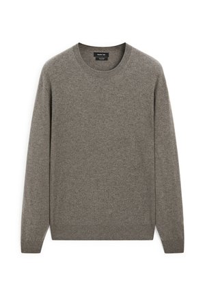 Maglione grigio in lana, collo rotondo, maniche lunghe. Tessuto morbido con una finitura liscia, privo di motivi o decorazioni, design essenziale.