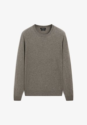 Grey wool sweater, crew neck, long sleeves. Soft texture with a smooth finish, features no patterns or embellishments, plain design.