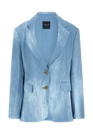 Lichtblauwe linnen blazer met inkepingrevers, twee bruine knopen en voorzakken met klep van Marciano Guess.