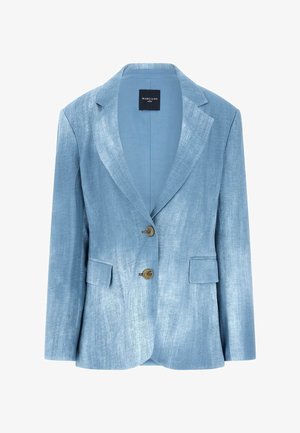 Veste blazer en lin bleu clair avec revers à crans, deux boutons marron et poches à rabat avant par Marciano Guess.
