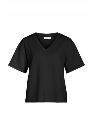 Schwarzes V-Ausschnitt T-Shirt mit kurzen Ärmeln und lockerer Passform. Hergestellt aus glattem Stoff, mit subtilen Nähten und einem minimalistischen Design.