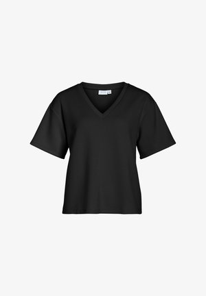 Black V-neck short-sleeve t-shirt with a relaxed fit. Made from smooth fabric, featuring subtle stitching and a minimalist design.