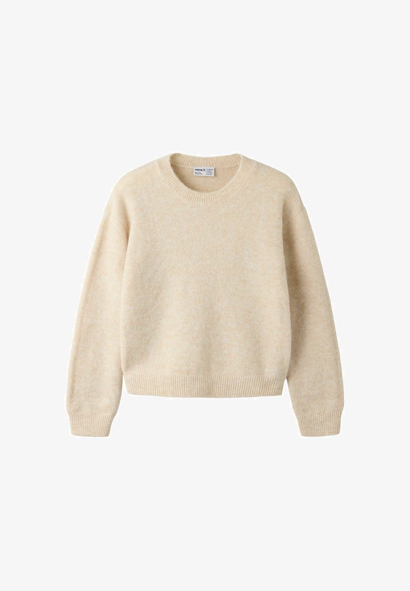 Pull en maille à manches longues couleur crème avec col rond côtelé, poignets et ceinture, présenté sur fond blanc.