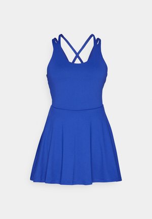 Blaues Skaterkleid mit tailliertem Oberteil und ausgestelltem Rock. Verfügt über überkreuzte Träger und eine glatte Textur. Keine Muster oder Verzierungen.