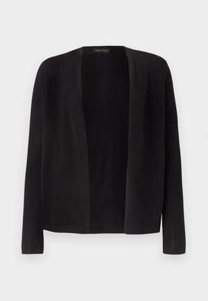 Cardigan noir à manches longues, ouvert à l'avant, avec un ourlet droit, sans boutons ni fermetures, présenté sur un fond clair uni.