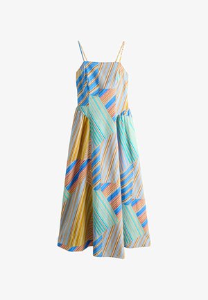 Ärmelloses Midikleid mit Patchwork-Design, das diagonale Streifen in Blau, Gelb, Orange und Türkis auf leichtem Stoff zeigt.
