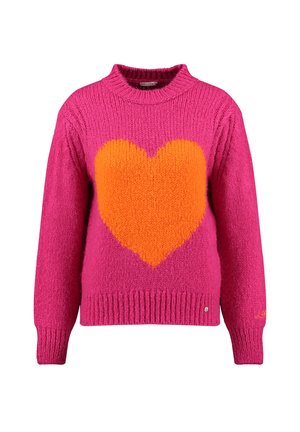 Maglione rosa lavorato a maglia con un grande motivo a cuore arancione sul davanti. Presenta un collo alto e orlo a coste. Il tessuto testurizzato aggiunge dimensione.