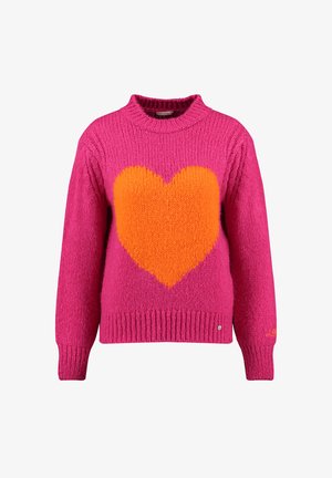 Maglione rosa lavorato a maglia con un grande motivo a cuore arancione sul davanti. Presenta un collo alto e orlo a coste. Il tessuto testurizzato aggiunge dimensione.