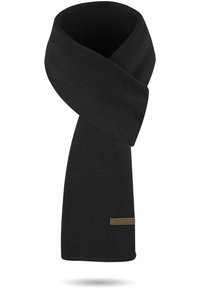 Schwarzer gerippter Strickschal mit glatter Textur. Verfügt über ein kleines braunes Logo-Patch und ein klassisches Design, das sich für kaltes Wetter eignet.