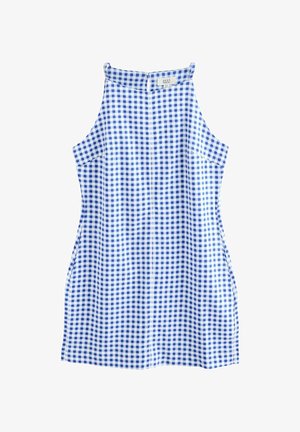Robe à carreaux bleus et blancs avec un col montant, sans manches, poches latérales et fermeture à boutons au dos. Pas de motifs ou d'accents visibles.