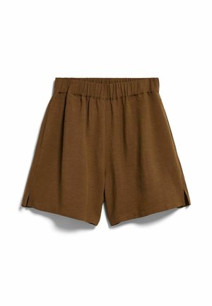 Bruine casual korte broek met elastische taille, zijzakken en kleine zijsplitjes, plat uitgespreid op een witte achtergrond.