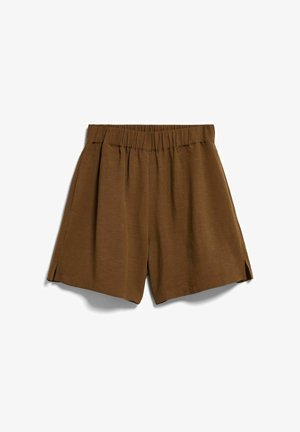 Bruine casual korte broek met elastische taille, zijzakken en kleine zijsplitjes, plat uitgespreid op een witte achtergrond.