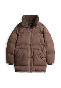 Giacca a vento marrone con colletto in pelliccia sintetica, chiusura con zip, due tasche frontali e un design trapuntato, caratterizzata da una silhouette rilassata.