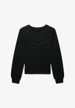 Felpa nera in tessuto morbido, con dettagli a frange a righe sul petto, scollo arrotondato e maniche lunghe con polsini a coste.