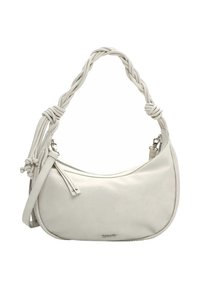 Sac à main en cuir blanc texturé avec une poignée tressée, une forme incurvée et une poche zippée. Présente des accents noués pour plus de détails.