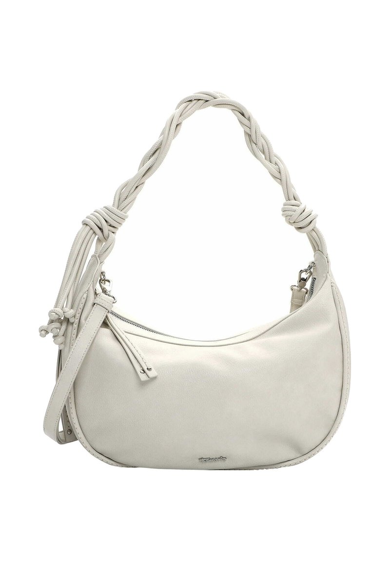Sac à main en cuir blanc texturé avec une poignée tressée, une forme incurvée et une poche zippée. Présente des accents noués pour plus de détails.