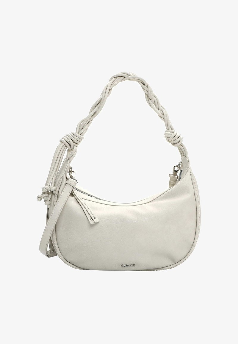 Sac à main en cuir blanc texturé avec une poignée tressée, une forme incurvée et une poche zippée. Présente des accents noués pour plus de détails.