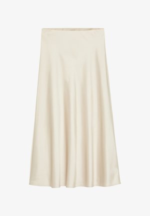 Kremowa spódnica midi z satyny o zwiewnym, rozkloszowanym kroju w kształcie litery A i gładkiej fakturze, bez wzorów i zdobień.