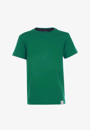 Grøn bomulds t-shirt med korte ærmer, rund hals og et lille logo-tag på den nedre frontside. Glat tekstur og enkelt design.