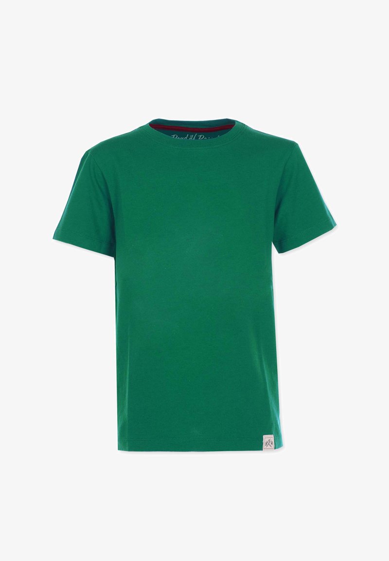 Grøn bomulds t-shirt med korte ærmer, rund hals og et lille logo-tag på den nedre frontside. Glat tekstur og enkelt design.