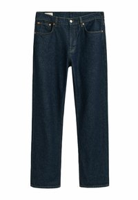Jeans de mezclilla azul oscuro con corte recto, que cuentan con un diseño clásico de cinco bolsillos y costuras en contraste. El hardware visible incluye un botón en la parte frontal.