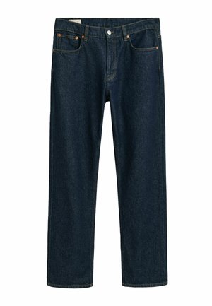 Donkerblauwe spijkerbroek met een rechte snit, met een klassieke vijf-pocketdesign en contrasterende stiksels. Zichtbare hardware omvat een voorste knoop.