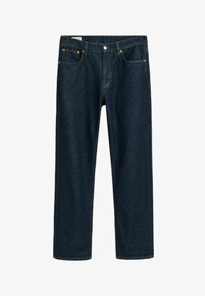Mørkeblå denimjeans med lige pasform, der har et klassisk femlomme-design og kontrastsyninger. Synlig hardware inkluderer en frontknap.