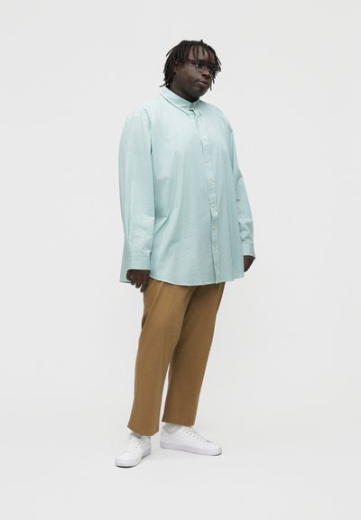 Osoba s naočalama koja nosi svijetloplavu prugastu preveliku košulju, smeđe hlače i bijele tenisice, stoji na jednobojnoj svijetloj pozadini.