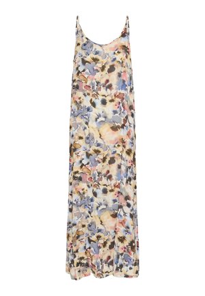 Floral maxi dress with thin straps, featuring a blend of pastel colors including pink, blue, and beige, made of lightweight fabric.